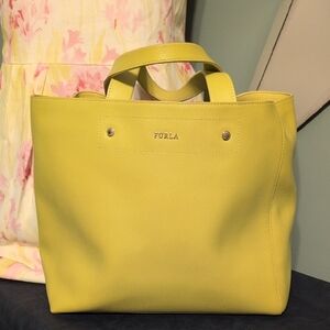 Furla Vibrant Yellow Tote Bag 17 x 11 Leather Clean Beautiful
